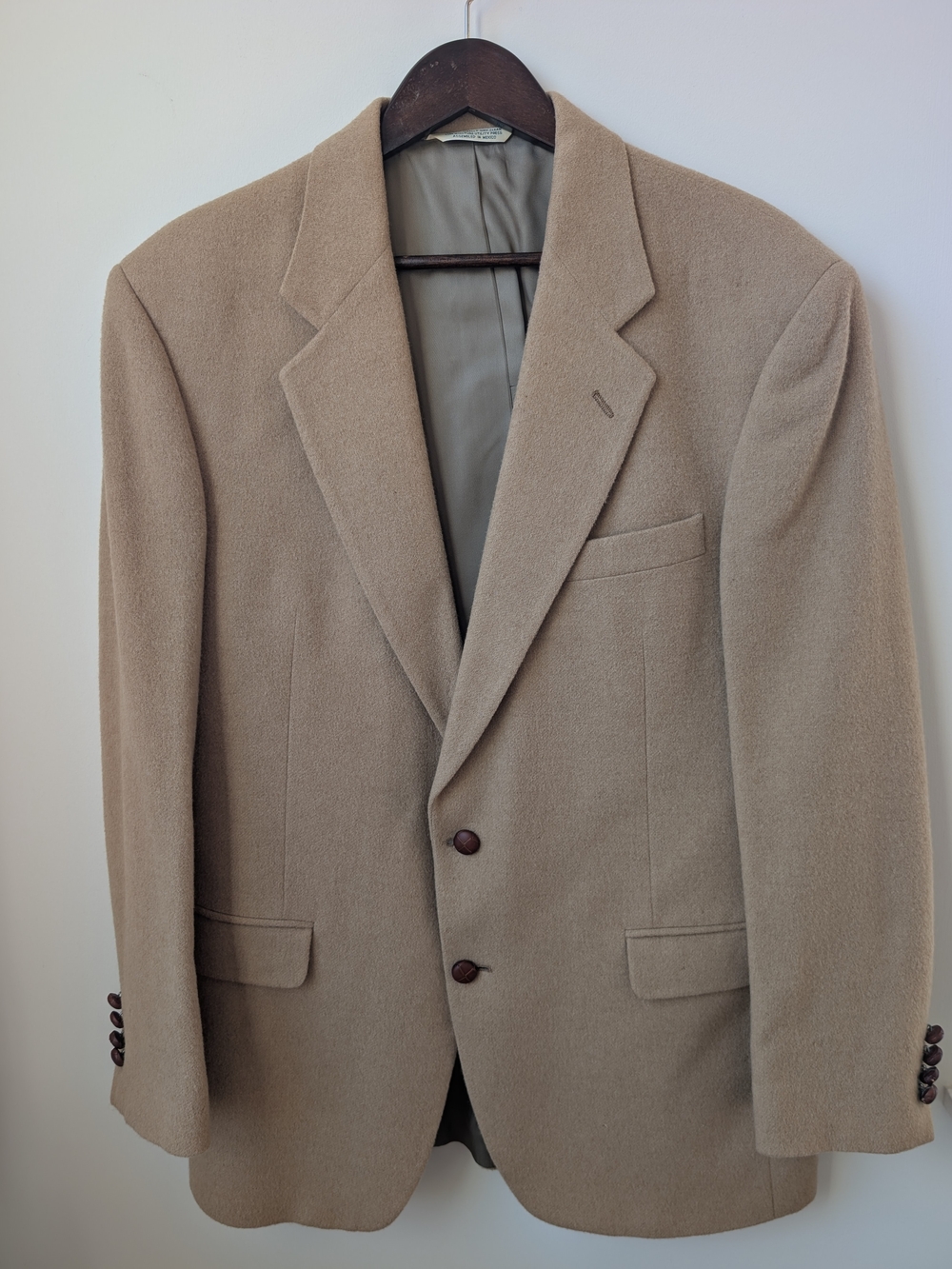 Vintage Evan-Picone Camel Wool Blazer 42 Long Mens 2-Button Leather Knot Buttons